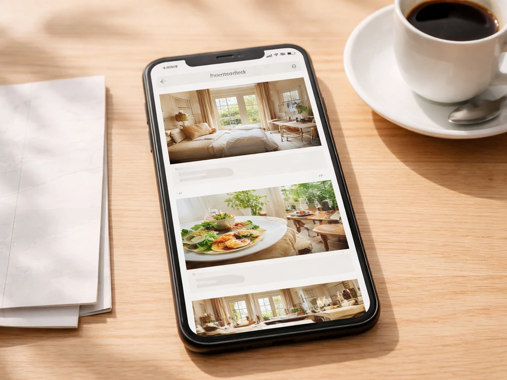 Smartphone montrant une page officielle avec sections d’hébergement et restaurant, posé sur une table en bois.