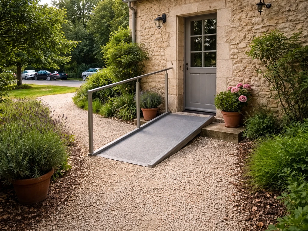 Entrée d’un gîte avec cheminement et stationnement proche, repères d’accès visibles sans personnes.