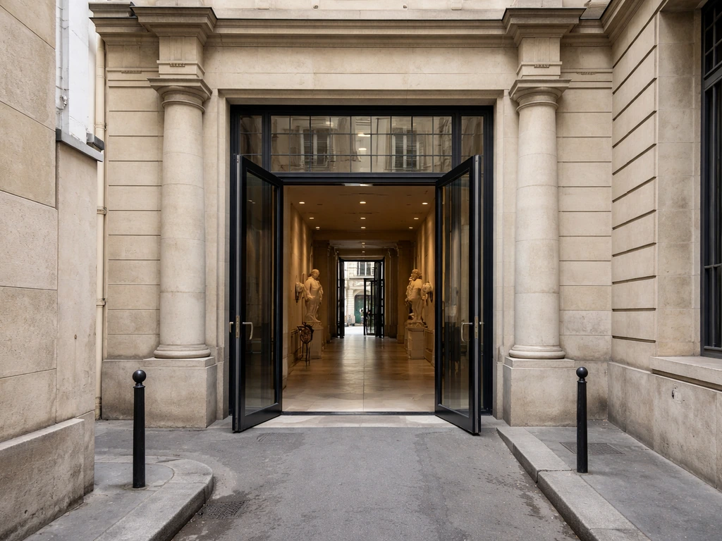 Entrée du musée parisien « Musée en Herbe » avec façade et rue calme, vue extérieure réaliste.