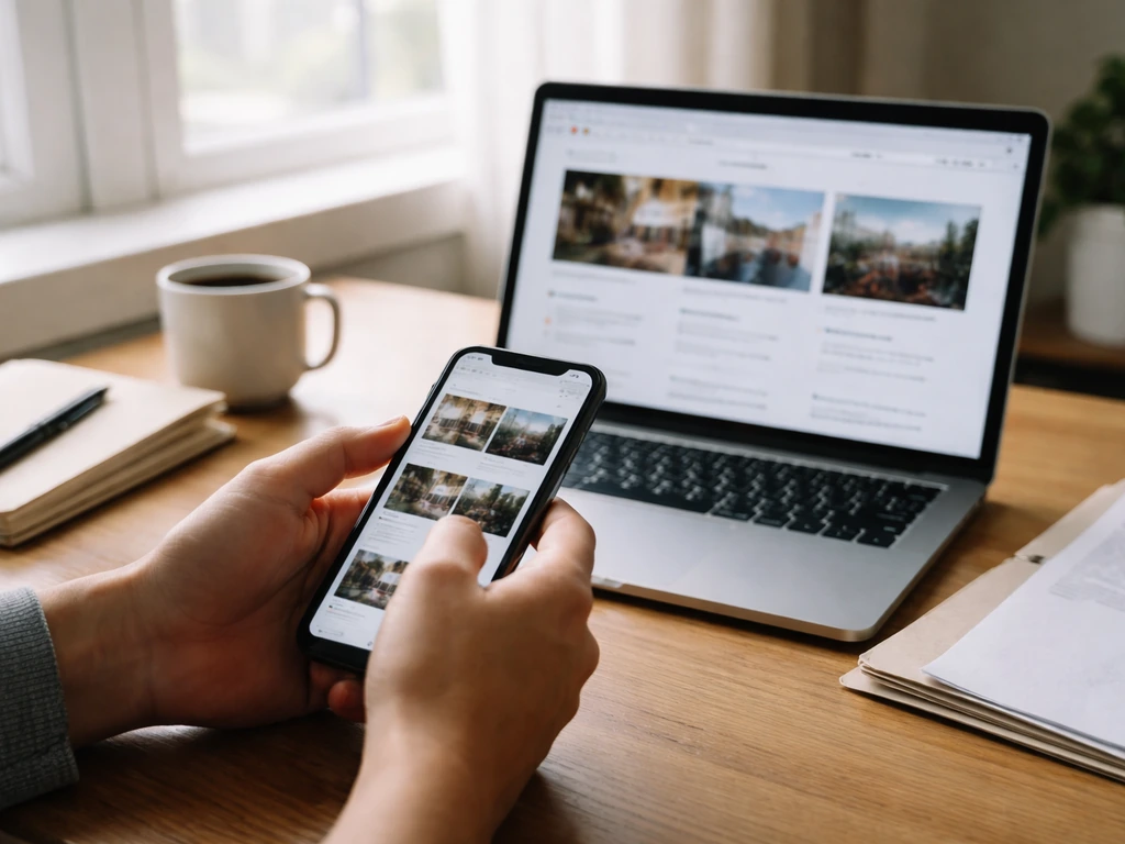 Mains anonymes sur un smartphone, page web culturelle floue, bureau lumineux avec carnet et stylo.