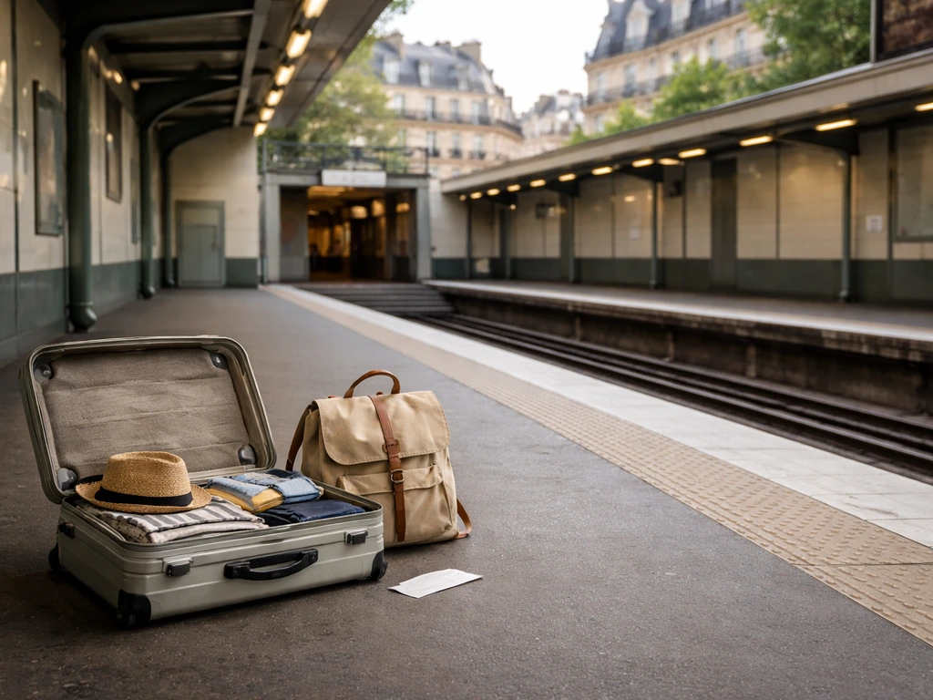 Façade parisienne près du métro, signalétique discrète et valise, pour préparer une visite au Musée en Herbe.