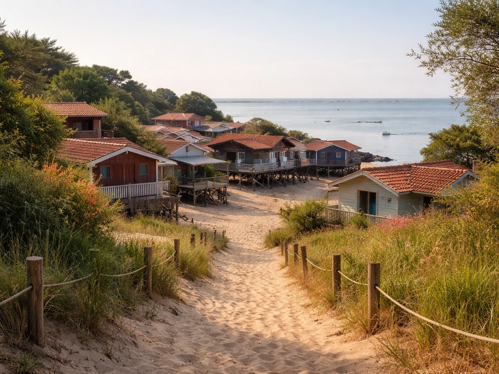 Vue panoramique du village de l’Herbe à Cap Ferret, cabanes colorées et chemin sableux au premier plan