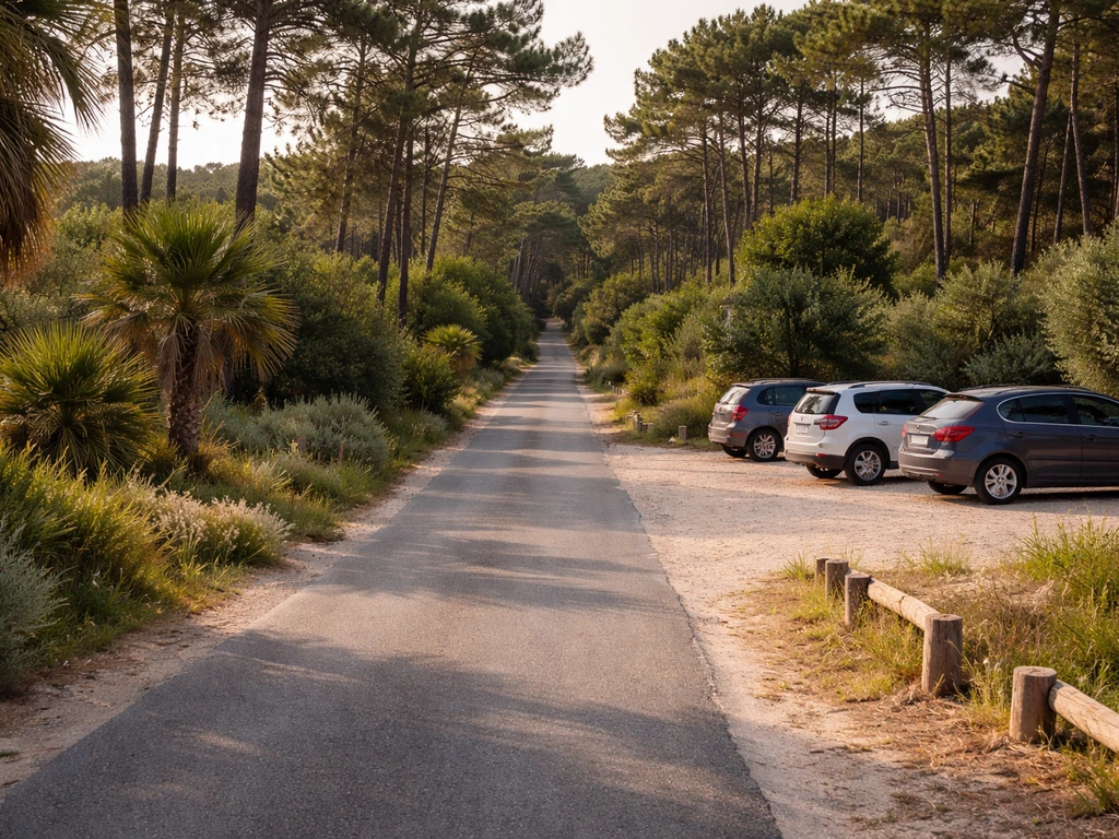 Derniers kilomètres vers Lège-Cap-Ferret, petite route et parking extérieur avant la zone piétonne du village.