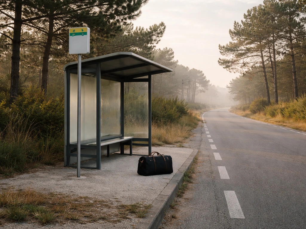 Arrêt de bus au bord de la route à Lège-Cap-Ferret, ambiance du trajet depuis Bordeaux, temps de transport