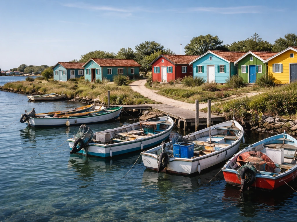Barques de pêcheurs et cabanes colorées au bord d’un chemin menant au village, arrivée en demi-journée.