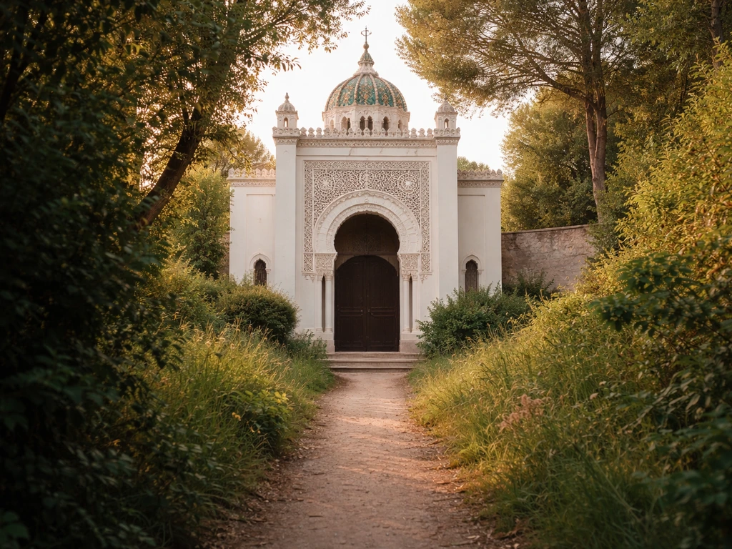 La chapelle algérienne Sainte-Marie-du-Cap, façade mauresque, vue extérieure au bord d’un sentier verdoyant.