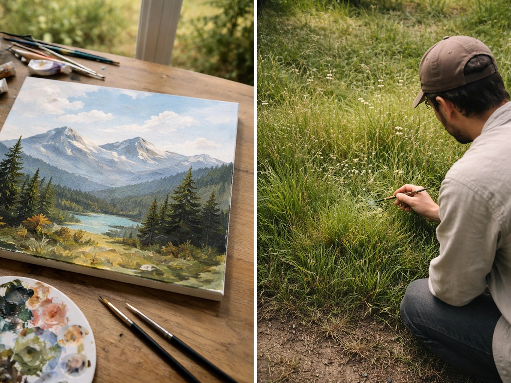Toile avec paysage de montagne d’un côté, herbe de prairie et pinceau de l’autre, montrant deux techniques.