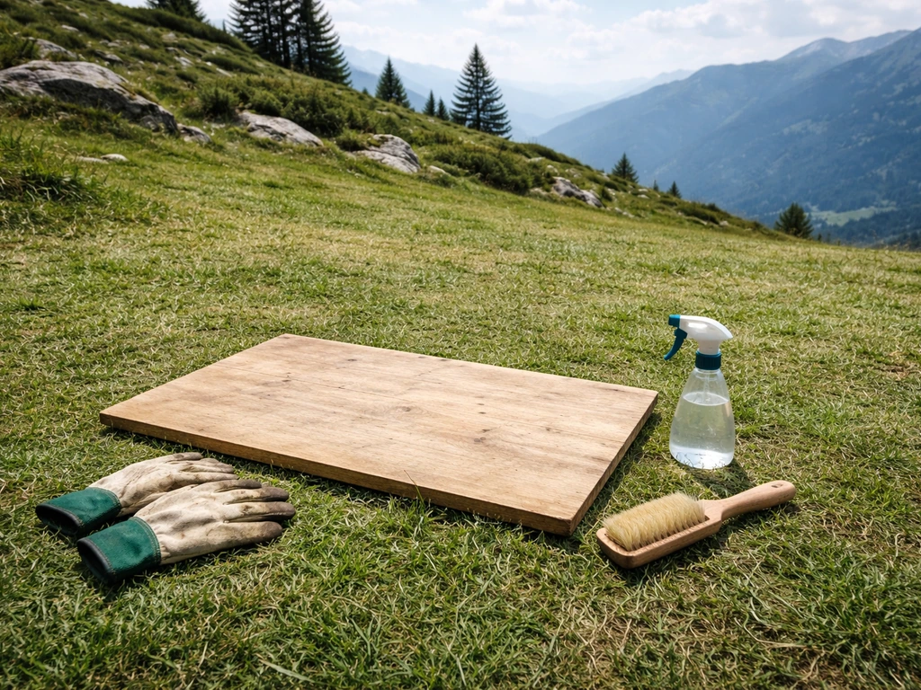 Prairie de montagne avec herbe tondue, planche de travail et pulvérisateur, gants et brosse sur place.