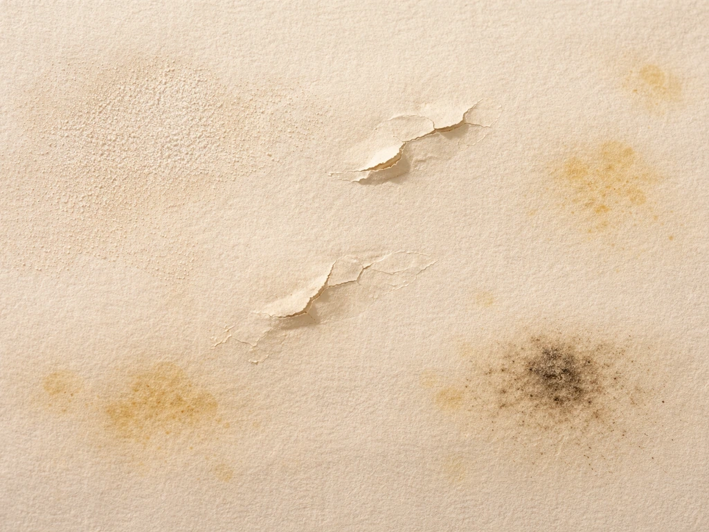 Gros plan sur un papier peint de couleur crème avec poudre en surface, zones décollées et taches brunâtres/noircies