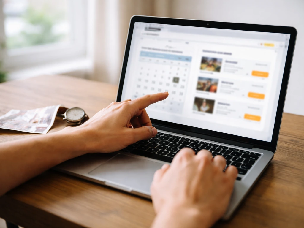 Mains anonymes réservant en ligne sur un ordinateur portable, avec calendrier de dates et billets, ambiance claire.