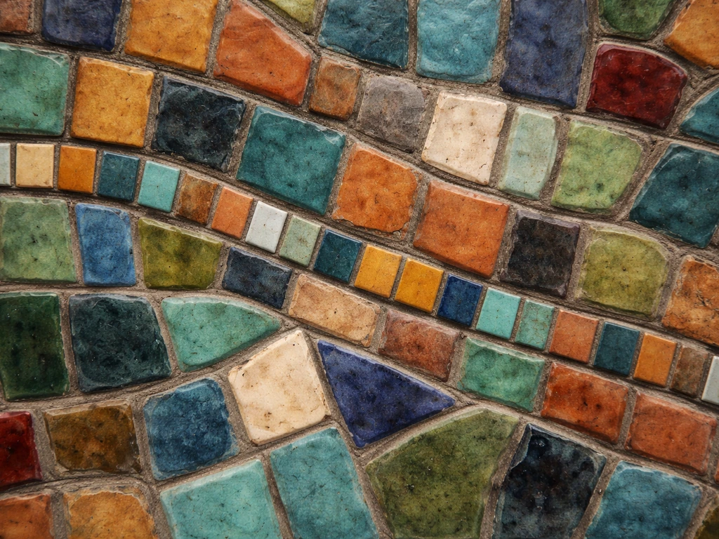 Gros plan sur un mur de carreaux colorés, courbes et alignements brisés pour repérer une “ligne droite” impossible.