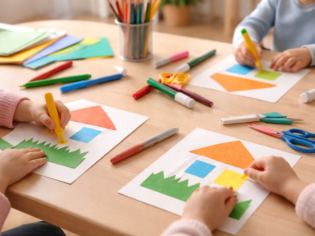 Enfants réalisant un atelier créatif sur une table, matériel artistique visible, ambiance pédagogique.