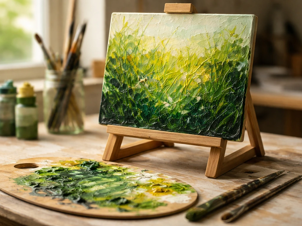 Gros plan d’un chevalet et d’une toile inspirée de l’herbe, palette verte dans un atelier lumineux.