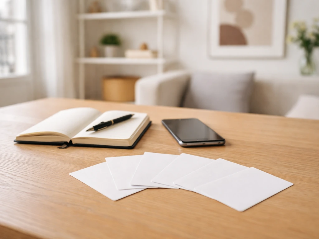 Table avec carnet et smartphone, plusieurs petites cartes vierges pour choisir des options de sorties à Paris.