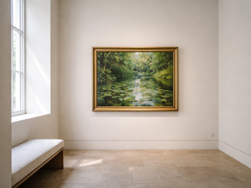 Fauteuil en bois et toile de paysage montrant un jardin verdoyant, ambiance impressionniste évoquant Monet