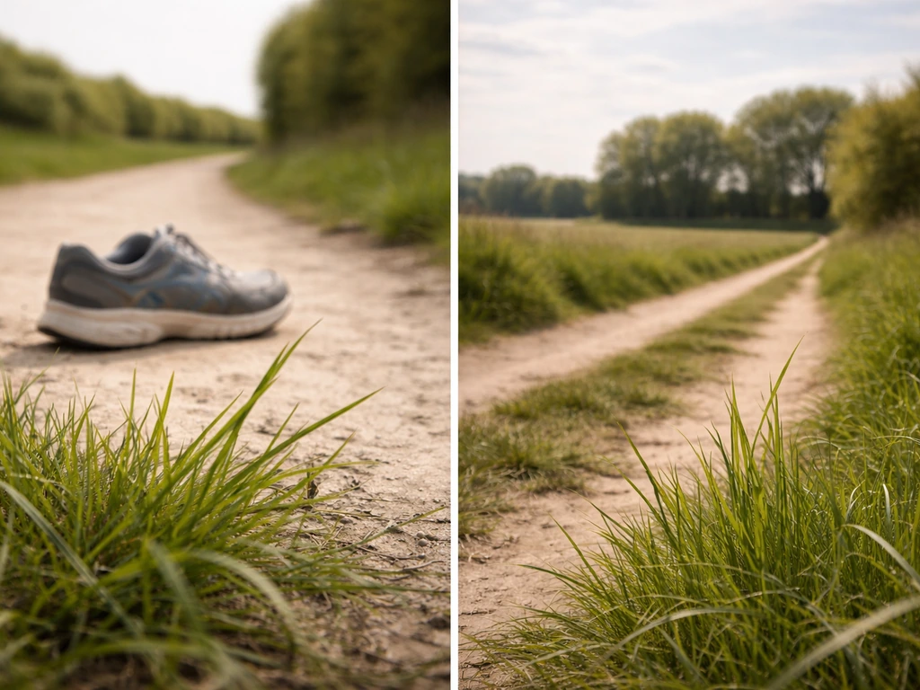 Deux panneaux photo minimalistes illustrant la course et la commune normande, avec focus sur l’herbe.