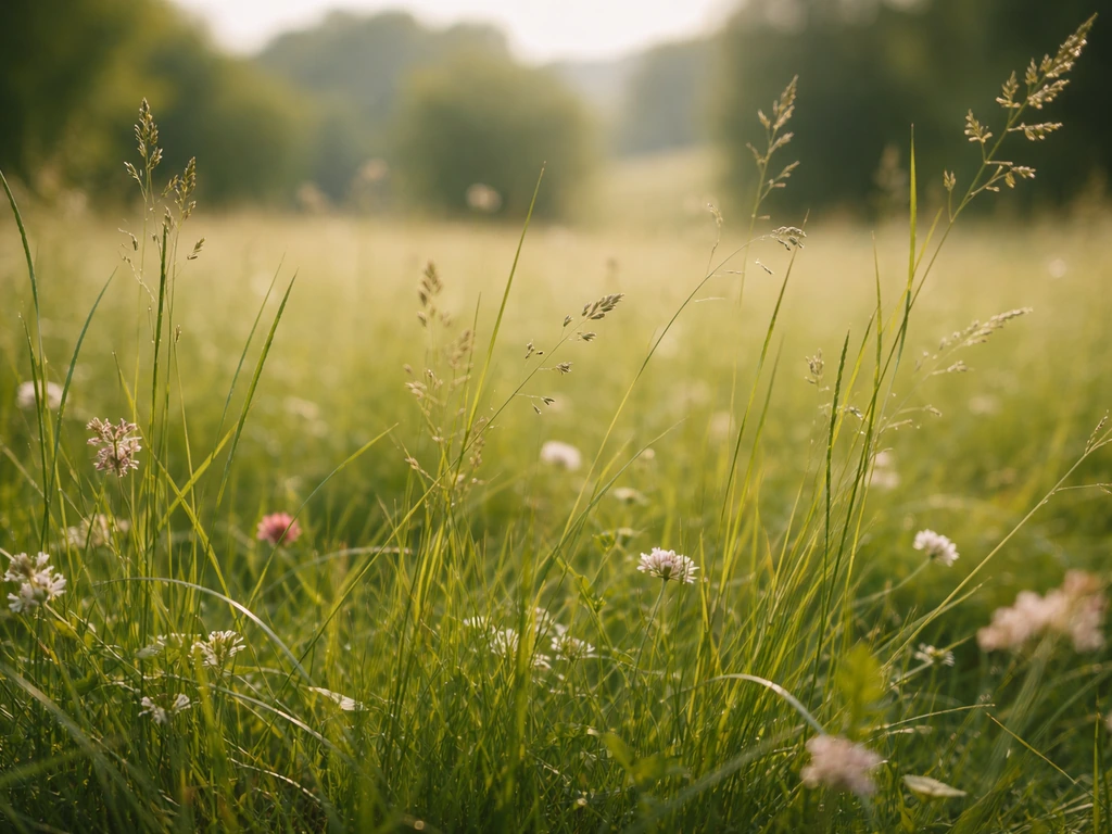 Gros plan sur l’herbe d’une prairie normande, lumière naturelle et arrière-plan flou évoquant un motif culturel.