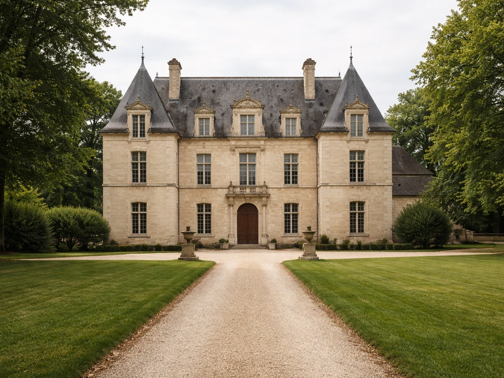 Façade en pierre et allée d’un site patrimonial près de Saint-Germain-la-Blanche-Herbe, vue d’ensemble