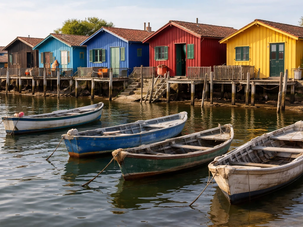 Cabanes ostréicoles colorées et barques amarrées dans le hameau de L’Herbe, à Cap Ferret
