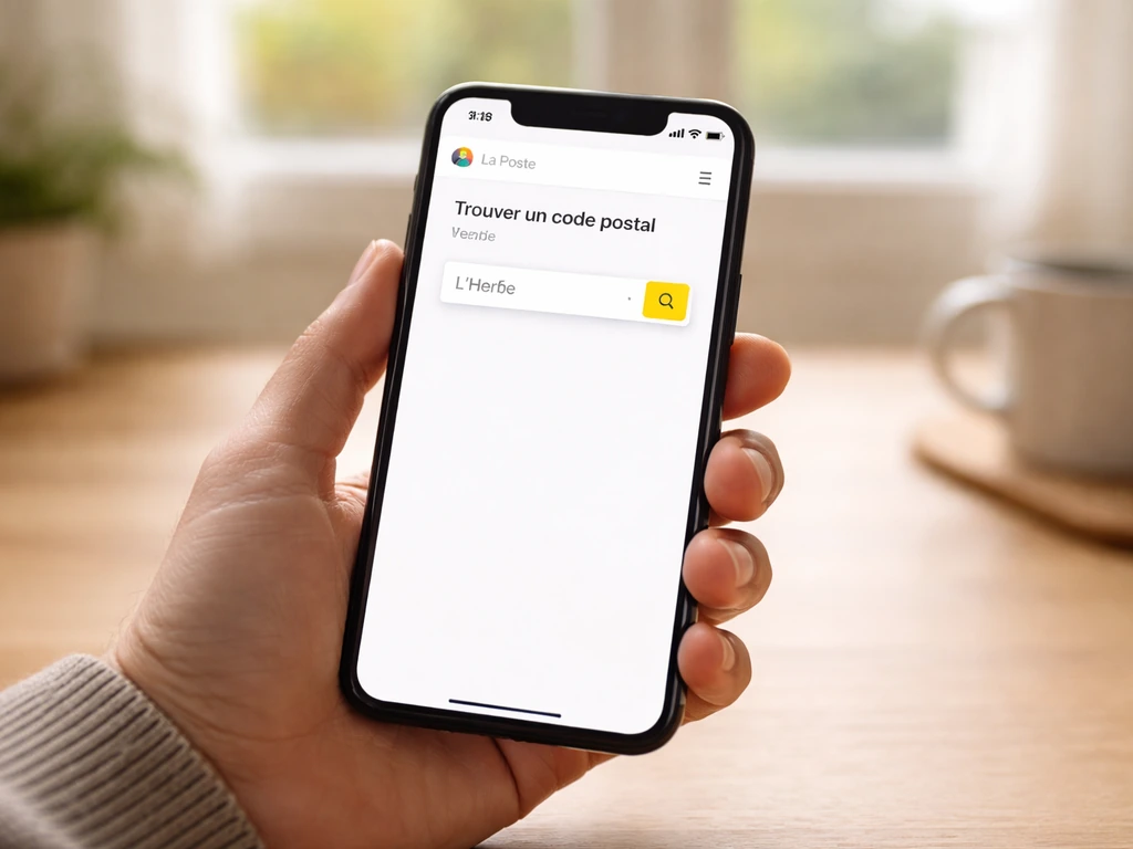 Une main tenant un smartphone affichant la page « Trouver un code postal » de La Poste avec une recherche de lieu.