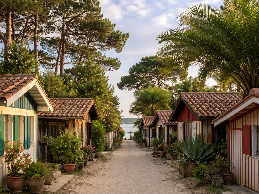 Vue d’ensemble du village de l’Herbe au Cap Ferret : cabanes en bois entourées de végétation, sans personnes.