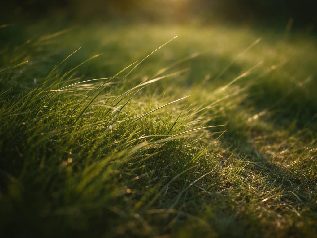 Gros plan de brins d’herbe en contre-jour, avec ombres longues suggérant la lumière et le mouvement