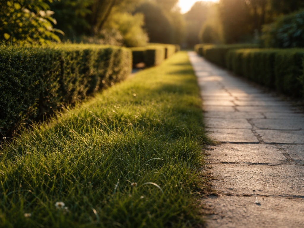 Allée de jardin de l’abbaye d’Ardenne, herbe et alignements, lumière rasante du soir.