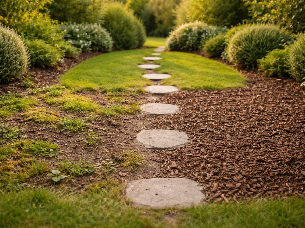 Jardin français avec zone de mousse et mauvaises herbes désherbée et une bande paillée pour couvrir la terre.