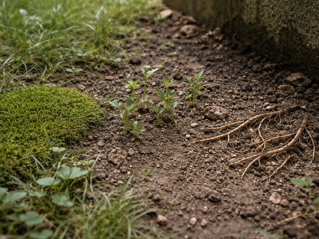 Sol de jardin avec mousse, jeunes mauvaises herbes, racines visibles et une zone d’ombre naturelle