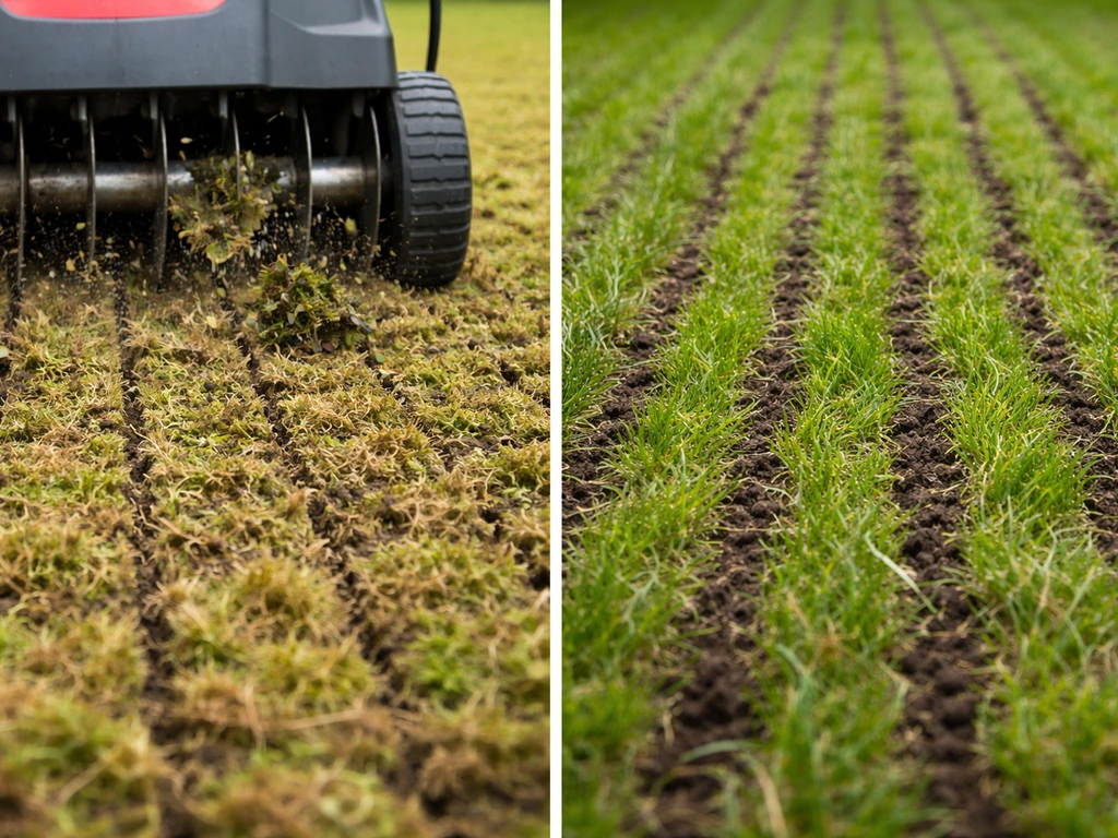 Gros plan de la scarification dans une couche de mousse, puis sol aéré après passage