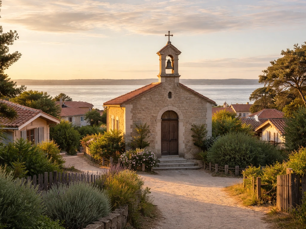 Panorama de l’église Sainte-Marie-du-Cap à l’Herbe, avec le bassin d’Arcachon en arrière-plan