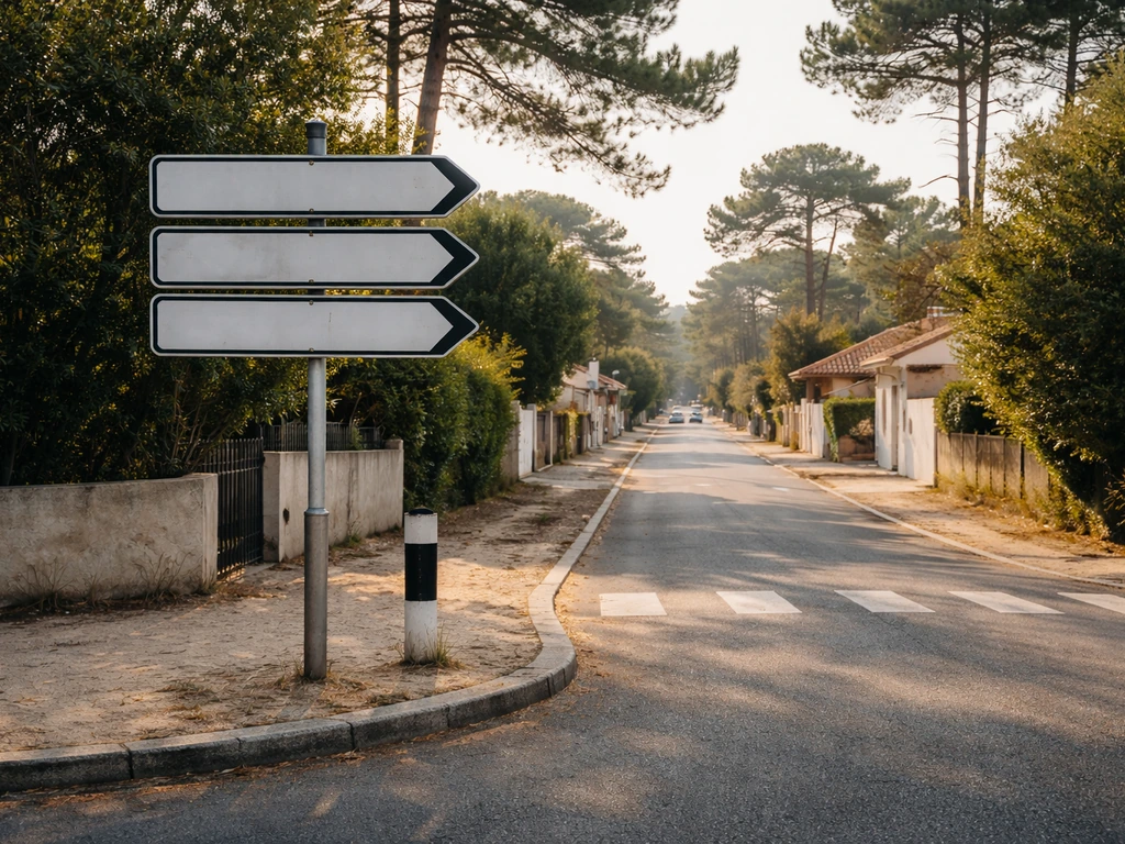 Panneau-référence près d’une rue du Cap Ferret, ambiance balnéaire calme avec pins en arrière-plan.
