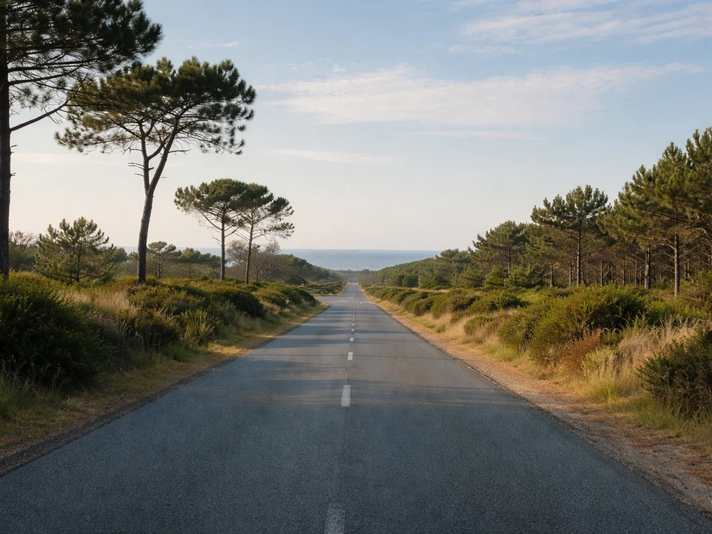 Route D106 vers Lège-Cap-Ferret, pins et végétation, route vide à l’aube.