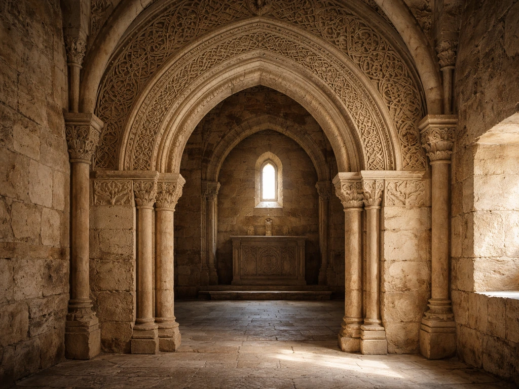 Vue rapprochée de l’arc sculpté et des motifs orientalistes à l’intérieur de la chapelle Sainte-Marie-du-Cap.