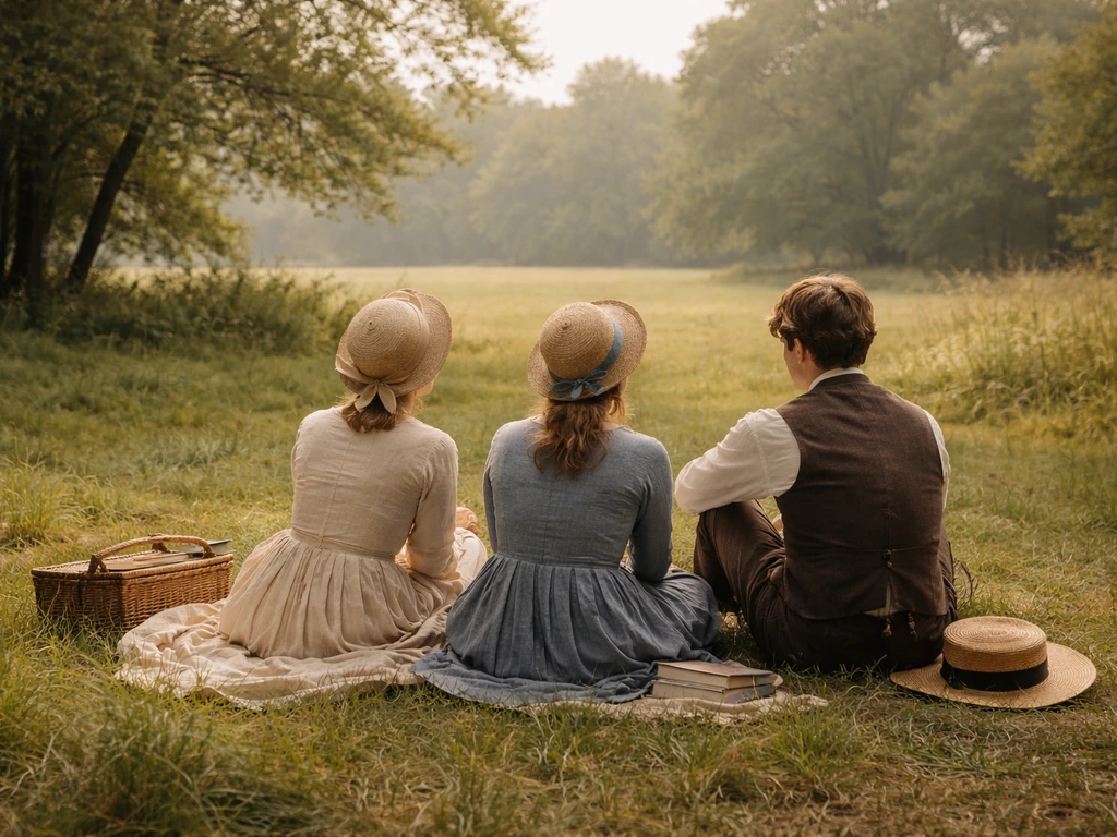 Scène champêtre avec deux personnages assis sur l’herbe, rappelant la composition du « Déjeuner sur l’herbe » de Manet.