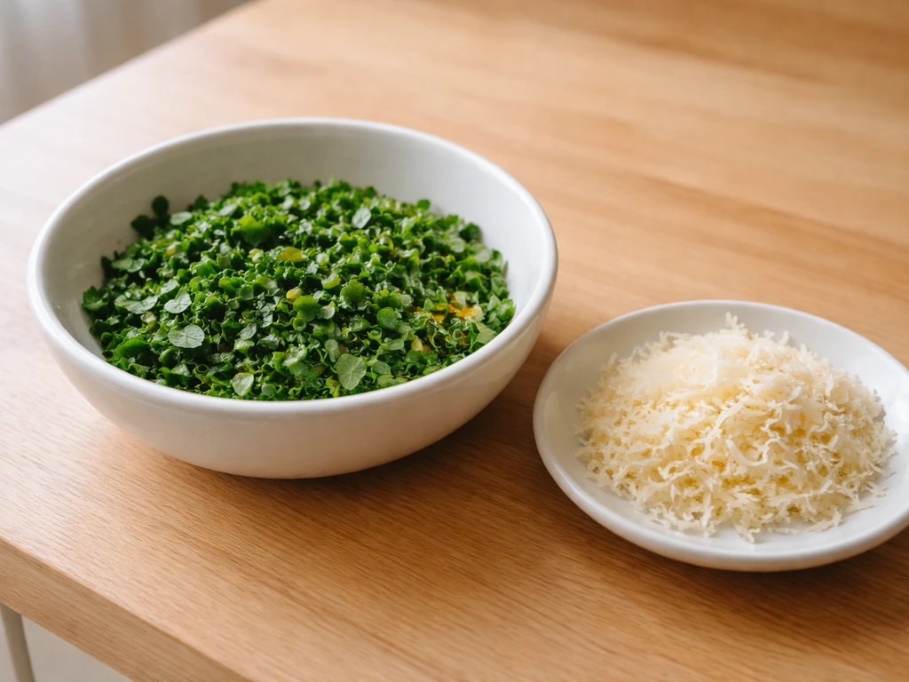 Ingrédients visibles pour une croûte d’herbe au parmesan : herbes hachées, parmesan râpé et un petit bol.