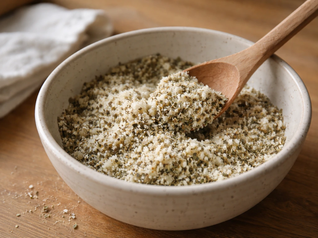 Gros plan sur un bol de mélange d’herbes hachées sèches et de parmesan, texture qui colle bien.