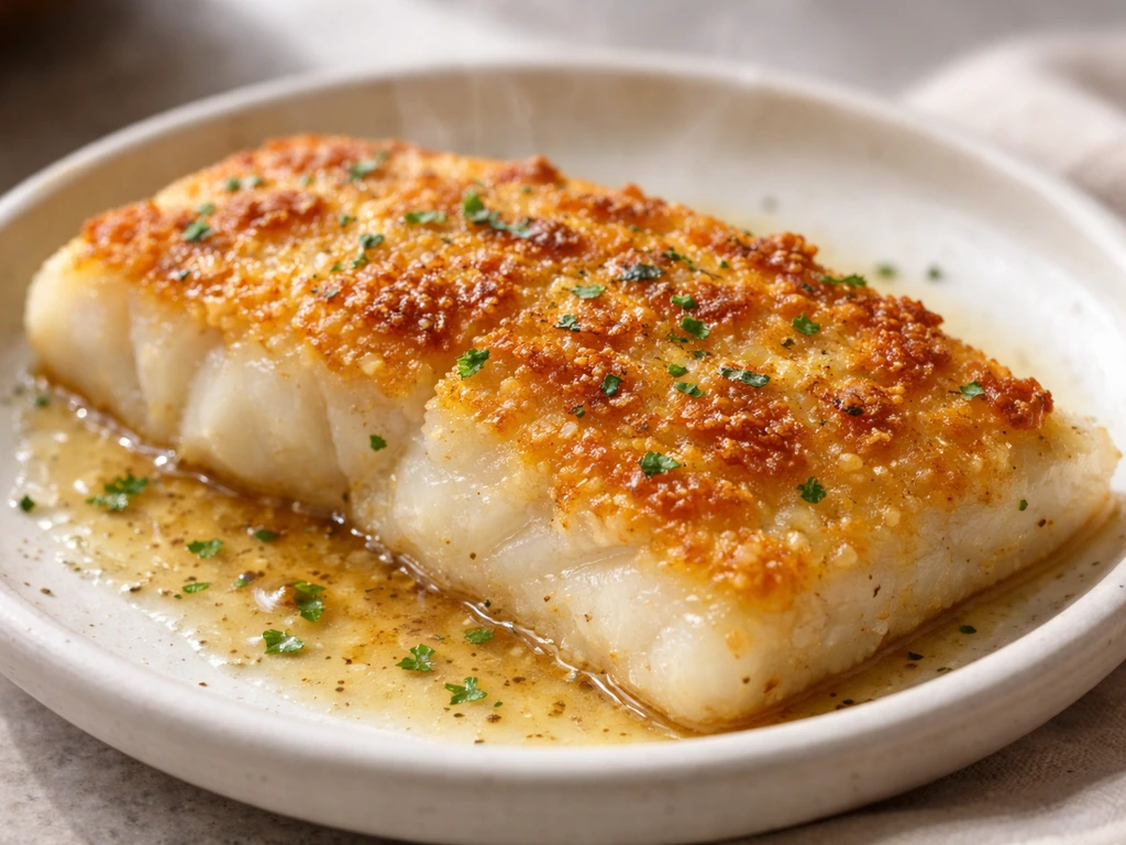 Gros plan sur un filet de poisson au four avec une croûte parmesan dorée, croustillante, moelleux.
