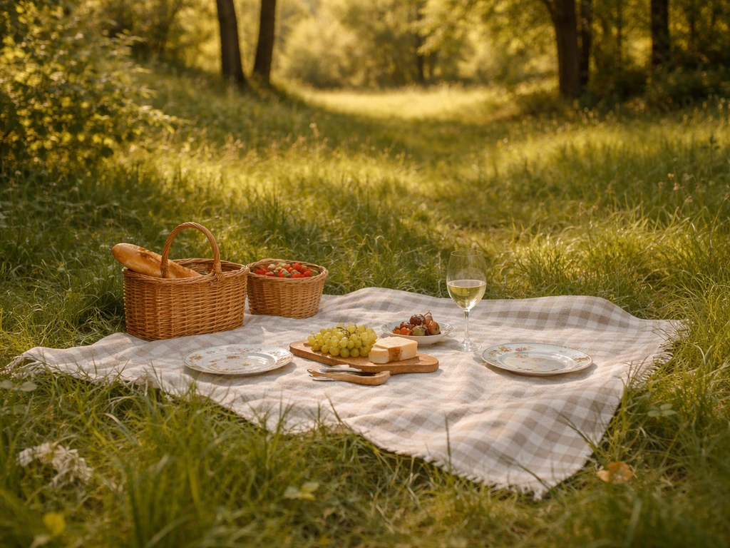 Pique-nique bucolique au cœur d’une forêt au XIXe, sous une lumière naturelle douce sur l’herbe dense.