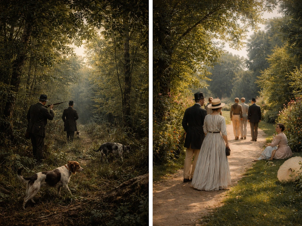 Deux volets côte à côte : chasse en forêt et scène urbaine XIXe, pour comparer Courbet et Manet.