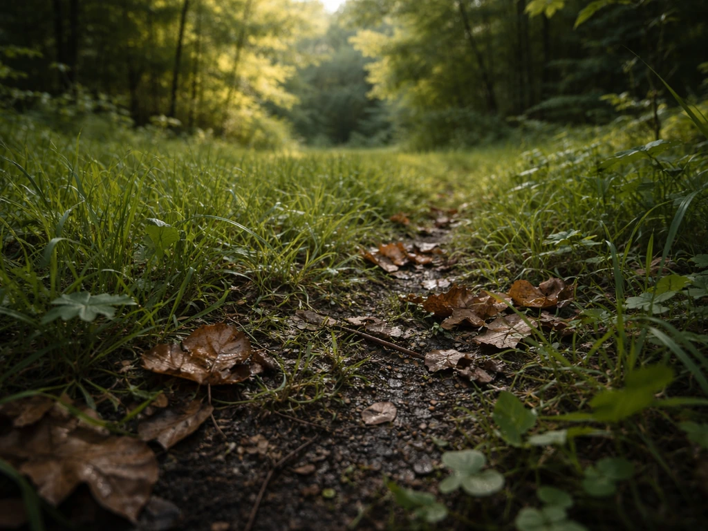 Scène forestière naturelle avec herbe dense, feuilles mortes et terre humide sous une lumière de plein air.