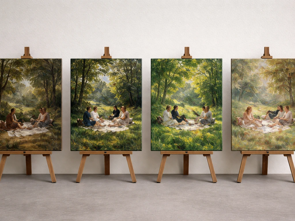 Collage de quatre toiles style Courbet, Manet, Monet et Renoir autour d’un repas sur l’herbe, sans texte.