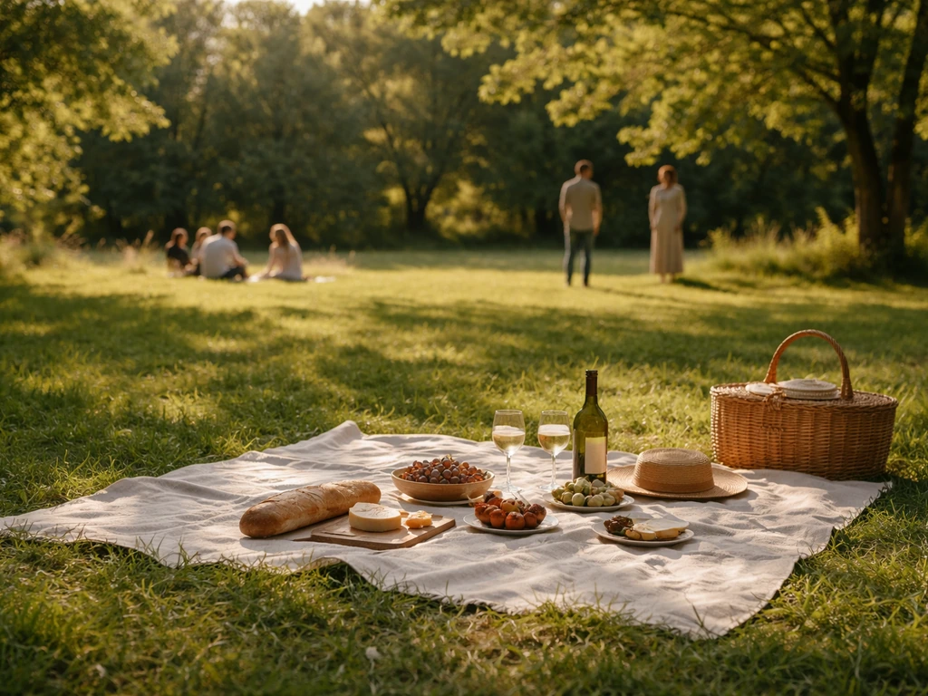 Scène minimaliste évoquant Le déjeuner sur l’herbe : couvert de pique-nique sur l’herbe verte, lumière douce.