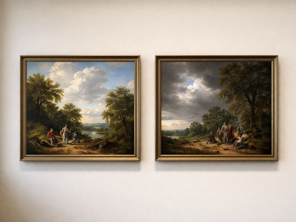 Comparaison côte à côte de deux tableaux classiques montrant des détails distincts sur un mur de musée.