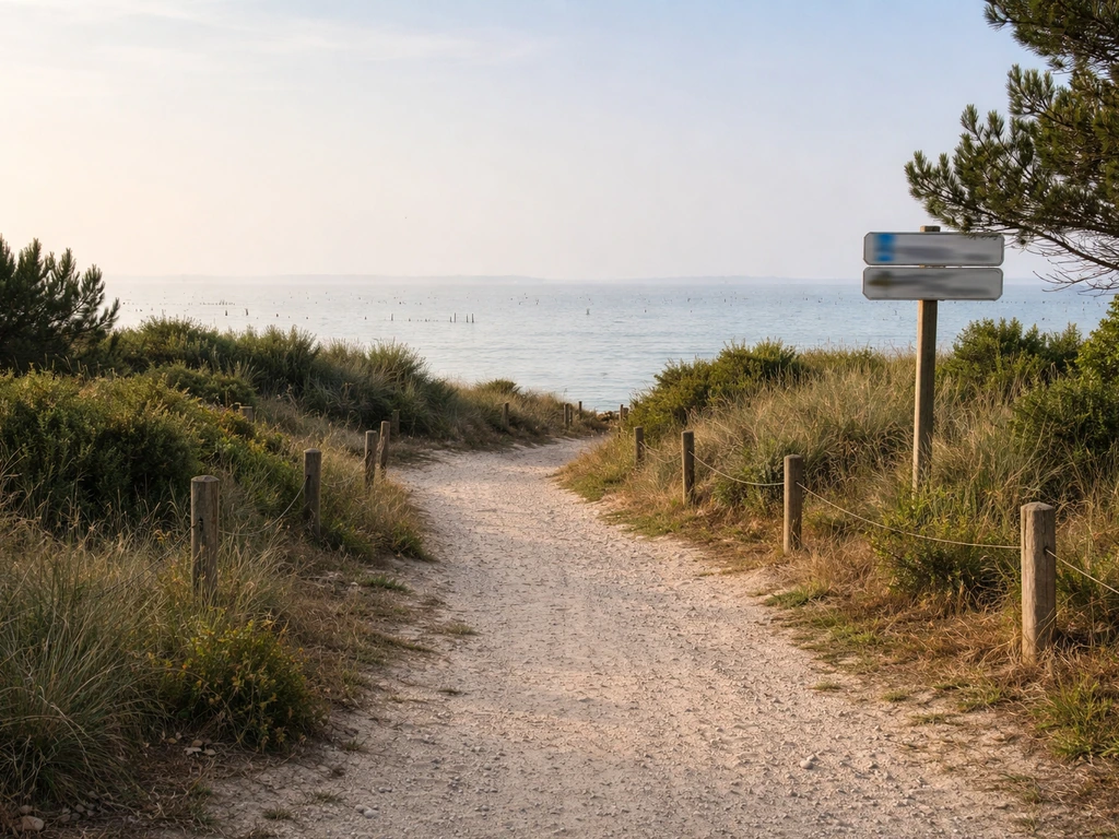 Vue côtière du Cap Ferret vers le bassin d’Arcachon, avec une route et des repères discrets, ambiance locale.