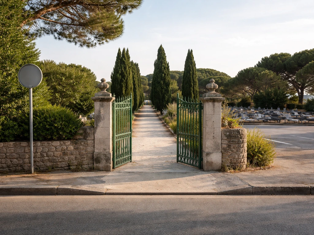 Entrée d’un cimetière communal à L’Herbe, avec rue calme et places de stationnement visibles