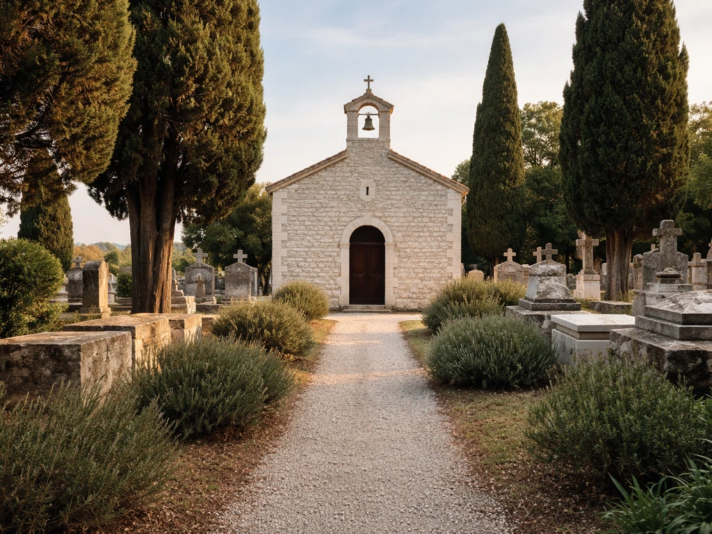 Chapelle algérienne près d’un cimetière à Cap Ferret, façade en pierre et allée calme, lumière naturelle.
