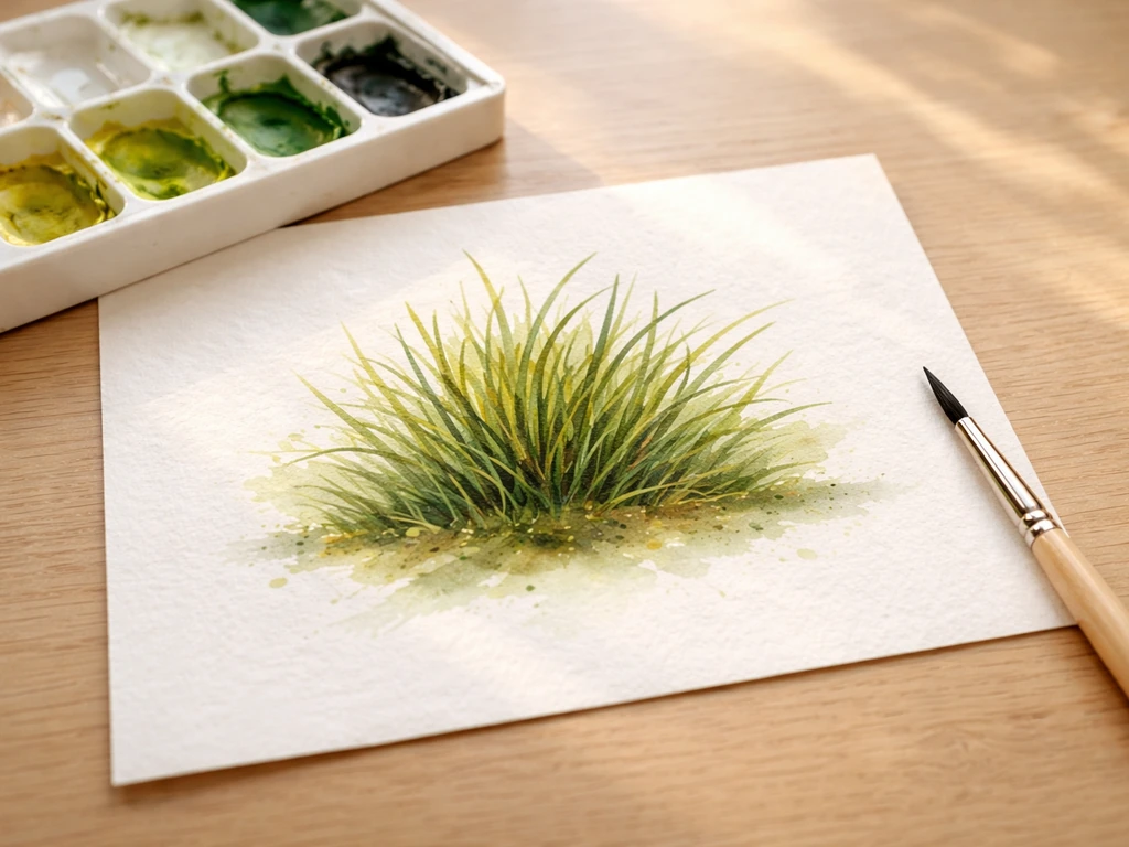 Petite étude d’aquarelle de touffe d’herbe, glacis verts et ombres, avec palette de verts à côté.