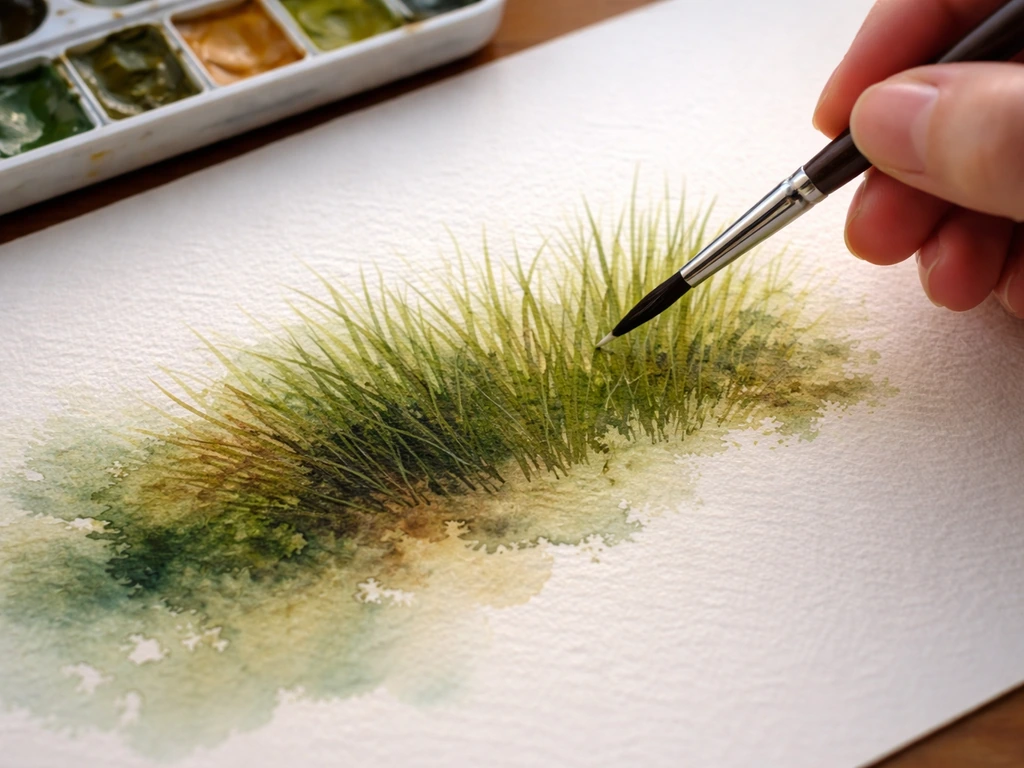 Plan rapproché d’un pinceau et d’une aquarelle montrant des traits d’herbe, bords nets et superpositions sur papier humi