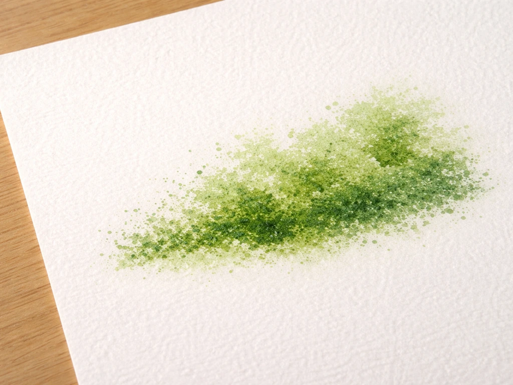 Gros plan sur un papier aquarelle vert, avec textures d’éponge et pointillage visibles formant des mousses.